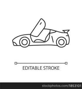 Gullwing-doored vehicle linear icon. Automobile with falconwing doors opening upward. Thin line customizable illustration. Contour symbol. Vector isolated outline drawing. Editable stroke. Gullwing-doored vehicle linear icon