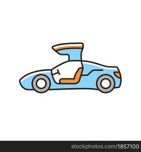 Gullwing-doored vehicle RGB color icon. Automobile with falconwing doors opening upward. Stylish solution for sports car. Auto door design. Isolated vector illustration. Simple filled line drawing. Gullwing-doored vehicle RGB color icon