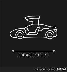 Gullwing-doored vehicle white linear icon for dark theme. Automobile with falconwing doors. Thin line customizable illustration. Isolated vector contour symbol for night mode. Editable stroke. Gullwing-doored vehicle white linear icon for dark theme