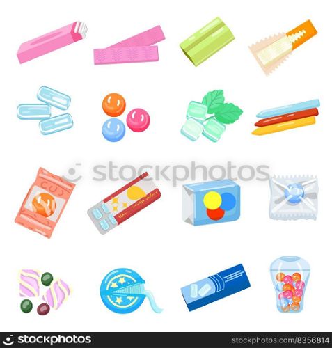 Gum icons set cartoon vector. Chewing bubble. Chicle chew-gum. Gum icons set cartoon vector. Chewing bubble