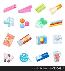 Gum icons set cartoon vector. Chewing bubble. Chicle chew-gum. Gum icons set cartoon vector. Chewing bubble