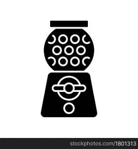 Gumball machine black glyph icon. Candy dispenser. Vending machine. Sphere filled with gumballs. Buying chewing gum products. Silhouette symbol on white space. Vector isolated illustration. Gumball machine black glyph icon