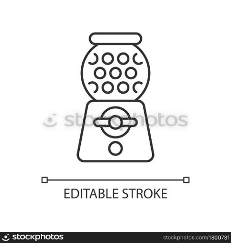 Gumball machine linear icon. Candy dispenser. Vending machine. Sphere filled with gumballs. Thin line customizable illustration. Contour symbol. Vector isolated outline drawing. Editable stroke. Gumball machine linear icon