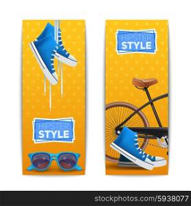 Gumshoes Banner Vertical. Hipster banner vertical set with gumshoes glasses and bicycle isolated vector illustration