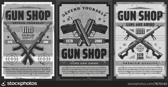 Gun and ammunition shop retro poster. Weapon for self-defense, ammo for shooting range training vintage banner. Crossed handguns, machine guns and assault rifle, bullets and shooting target vector. Gun and ammunition shop retro vector poster