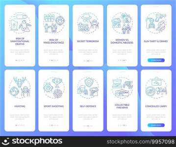 Gun control dark blue onboarding mobile app page screen with concepts. Weapon use risks and danger walkthrough 5 steps graphic instructions. UI vector template with RGB color illustrations. Gun control dark blue onboarding mobile app page screen with concepts