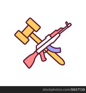 Gun control RGB color icon. Firearms regulation. Defense against gun violence. Laws for fire arms. Civilian protection. Military court case, trial for army officer. Isolated vector illustration. Gun control RGB color icons