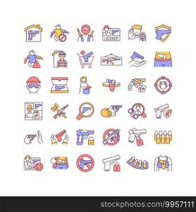 Gun control RGB color icons set. Weapon license. Firearms regulation ownership. Background check. Criminal record. Violence prevention. Self defense. Unintentional death. Isolated vector illustrations. Gun control RGB color icons set
