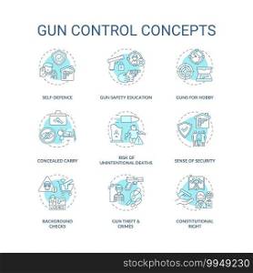 Gun control turquoise concept icons set. Self defense. Safety education. Concealed carry. Firearm regulation idea thin line RGB color illustrations. Vector isolated outline drawings. Editable stroke. Gun control turquoise concept icons set