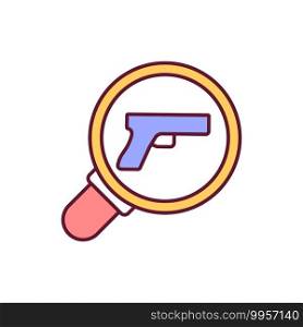 Gun examination RGB color icon. Weapon regulation. Firearms control. Ensure security from firing and shooting. Analyse threat. Investigation of criminal case. Isolated vector illustration. Gun examination RGB color icon