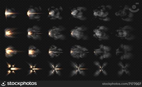 Gun flash effects. Realistic special effects steps of smoke clouds and shotgun fire, muzzle flash and explode. Vector illustration isolated set concept firing on transparent background. Gun flash effects. Realistic special effects steps of smoke clouds and shotgun fire, muzzle flash and explode. Vector isolated set