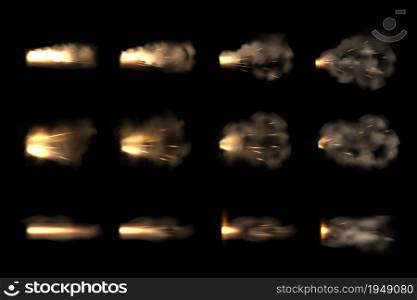 Gun flash. Realistic pistol flame and smoke burst effects vector frame animation. Illustration bright shooting motion, burst and explosion effect. Gun flash. Realistic pistol flame and smoke burst effects vector frame animation