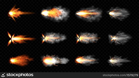 Gun flashes with smoke and fire sparkles. Pistol shots clouds, muzzle shotgun explosion. Blast motion, weapon bullets trails isolated on black background. Realistic 3d vector illustration, icons set. Gun flashes with fire and smoke. Pistol shots set