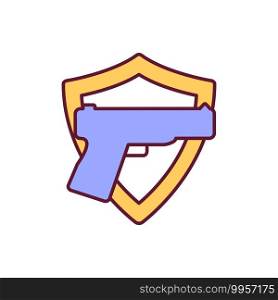 Gun for sense of security RGB color icon. Handgun ownership for protection. Permit for gun. Guarding force. Pistol for safety. Firearms control. Weapon regulation. Isolated vector illustration. Gun for sense of security RGB color icon