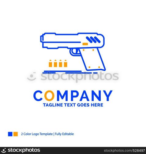 gun, handgun, pistol, shooter, weapon Blue Yellow Business Logo template. Creative Design Template Place for Tagline.