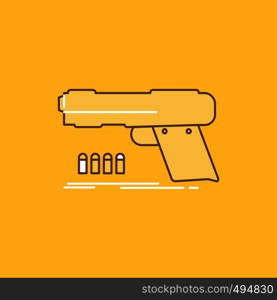 gun, handgun, pistol, shooter, weapon Flat Line Filled Icon. Beautiful Logo button over yellow background for UI and UX, website or mobile application. Vector EPS10 Abstract Template background