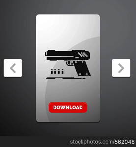 gun, handgun, pistol, shooter, weapon Glyph Icon in Carousal Pagination Slider Design & Red Download Button. Vector EPS10 Abstract Template background