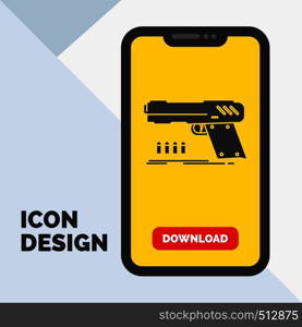 gun, handgun, pistol, shooter, weapon Glyph Icon in Mobile for Download Page. Yellow Background. Vector EPS10 Abstract Template background
