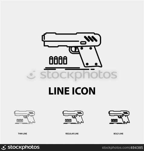 gun, handgun, pistol, shooter, weapon Icon in Thin, Regular and Bold Line Style. Vector illustration. Vector EPS10 Abstract Template background