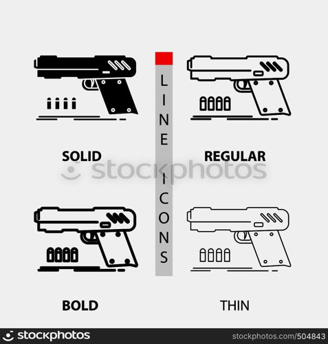 gun, handgun, pistol, shooter, weapon Icon in Thin, Regular, Bold Line and Glyph Style. Vector illustration. Vector EPS10 Abstract Template background