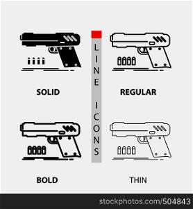 gun, handgun, pistol, shooter, weapon Icon in Thin, Regular, Bold Line and Glyph Style. Vector illustration. Vector EPS10 Abstract Template background
