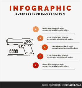 gun, handgun, pistol, shooter, weapon Infographics Template for Website and Presentation. Line Gray icon with Orange infographic style vector illustration. Vector EPS10 Abstract Template background