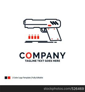 gun, handgun, pistol, shooter, weapon Logo Design. Blue and Orange Brand Name Design. Place for Tagline. Business Logo template.