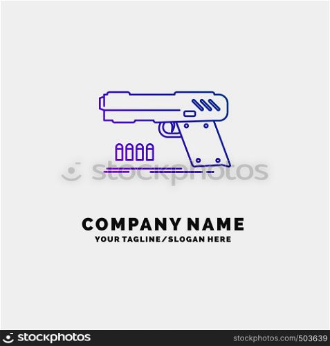 gun, handgun, pistol, shooter, weapon Purple Business Logo Template. Place for Tagline. Vector EPS10 Abstract Template background