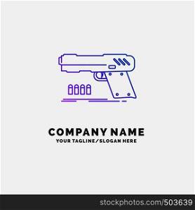 gun, handgun, pistol, shooter, weapon Purple Business Logo Template. Place for Tagline. Vector EPS10 Abstract Template background