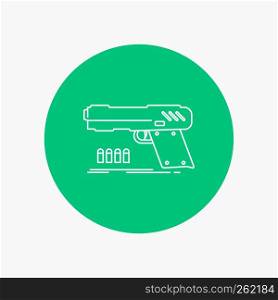 gun, handgun, pistol, shooter, weapon White Line Icon in Circle background. vector icon illustration