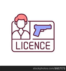 Gun license RGB color icon. Weapon control. Permit for pistol for self defense and protection. Firearms regulation. Legislation for civilian ownership of handgun. Isolated vector illustration. Gun license RGB color icon
