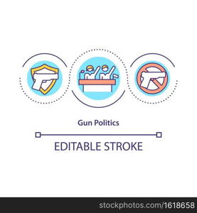 Gun politics concept icon. Pros and cons for use weapons in city idea thin line illustration. Smart gun control function. Vector isolated outline RGB color drawing. Editable stroke. Gun politics concept icon