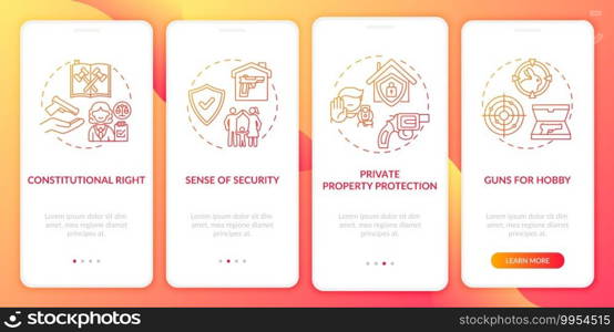 Gun rights red onboarding mobile app page screen with concepts. Weapon laws. Firearm legislation walkthrough 5 steps graphic instructions. UI vector template with RGB color illustrations. Gun rights red onboarding mobile app page screen with concepts