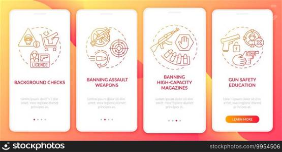 Gun safety guidelines red onboarding mobile app page screen with concepts. Weapon control and regulation walkthrough 5 steps graphic instructions. UI vector template with RGB color illustrations. Gun safety guidelines red onboarding mobile app page screen with concepts