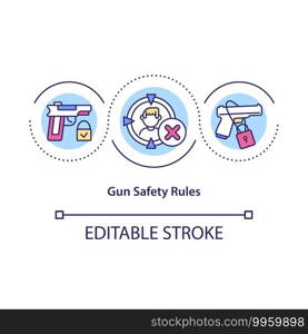 Gun safety rules concept icon. Proper storage of firearms idea thin line illustration. Eliminate the risks of accidental death. Vector isolated outline RGB color drawing. Editable stroke. Gun safety rules concept icon