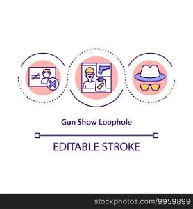Gun show loophole concept icon. Illegal pistol and firearms shop idea thin line illustration. Not licensed dealers at arms shows. Vector isolated outline RGB color drawing. Editable stroke. Gun show loophole concept icon