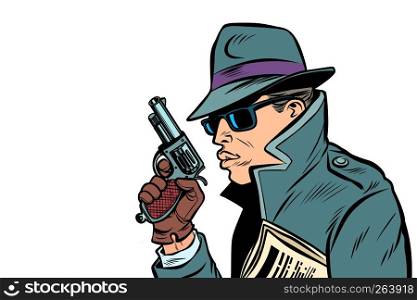 gun spy, secret agent. Comic cartoon pop art retro vector illustration drawing. gun spy, secret agent