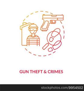 Gun theft and crimes red gradient concept icon. Firearm robbery. Assault with weapon. Criminal record. Gun violence idea thin line illustration. Vector isolated outline RGB color drawing. Gun theft and crimes red gradient concept icon
