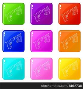 Gun with flag toy icons set 9 color collection isolated on white for any design. Gun with flag toy icons set 9 color collection