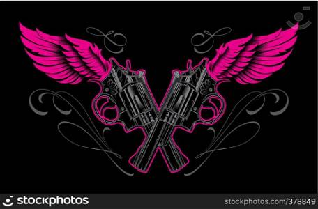 Guns and wings with calligraphic design elements