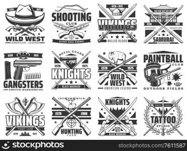 Guns, battle weapon and hunting ammo vector icons. Wild West revolver guns, tattoo studio spear sign and paintball club, Viking swords and samurai katana, gangsters guns, crossbow and spear. Weapon, guns, paintball and hunting icons