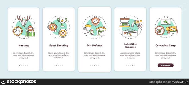 Guns for hobby onboarding mobile app page screen with concepts. Self defense. Weapon control walkthrough 5 steps graphic instructions. UI vector template with RGB color illustrations. Guns for hobby onboarding mobile app page screen with concepts