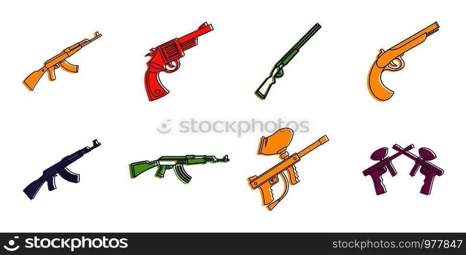 Guns icon set. Color outline set of guns vector icons for web design isolated on white background. Guns icon set, color outline style