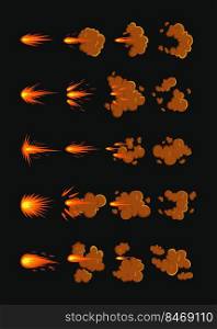Gunshot animation on black background cartoon illustration set. Orange gun flashes with fire and smoke, explosive effect or bullet trace. Explosion, weapon, blast, burst concept