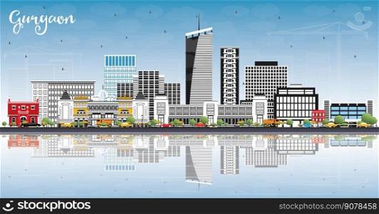 Gurgaon India City Skyline with Gray Buildings, Blue Sky and Reflections. Vector Illustration. Business Travel and Tourism Concept with Modern Architecture. Gurgaon Cityscape with Landmarks.