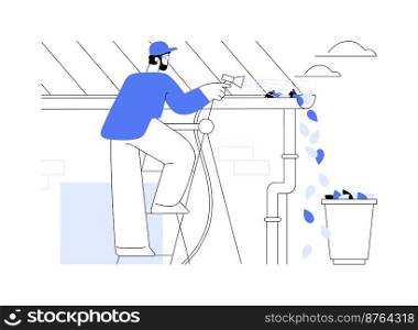 Gutter cleaning abstract concept vector illustration. Home maintenance, rooftop, construction business, roof repair, power wash, leaf and moss removal, downspout pipe, autumn abstract metaphor.. Gutter cleaning abstract concept vector illustration.