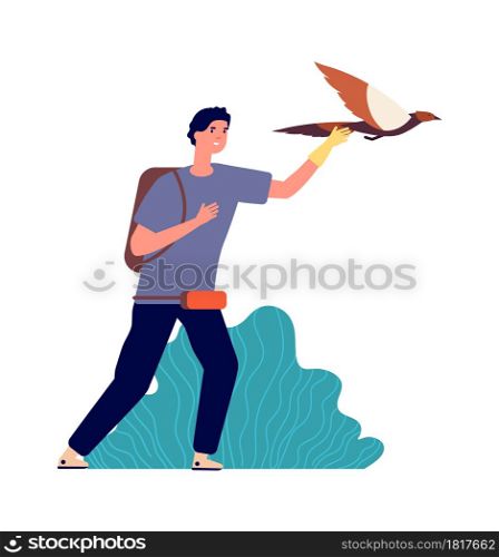 Guy and falcon. Male bird owner, wild pet. Man releases eagle in flight, isolated ornithologist vector illustration. Bird falcon, traditional hunter eagle. Guy and falcon. Male bird owner, wild pet. Man releases eagle in flight, isolated ornithologist vector illustration
