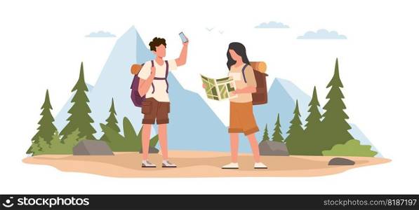 Guy and girl get lost in woods and search for directions with help of map and satellite navigation. Young tourists hiking in forest. Active lifestyle cartoon flat style illustration. Vector concept. Guy and girl get lost in woods and search for directions with help of map and satellite navigation. Young tourists hiking in forest. Active lifestyle cartoon flat illustration. Vector concept