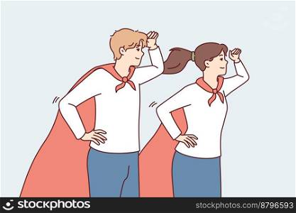 Guy and girl in superhero capes look into distance with their hands to their foreheads. Young man and woman in superhero uniforms for charity or volunteer organizations metaphor. Flat vector image. Guy and girl in superhero capes look into distance with their hands to their foreheads. Vector image