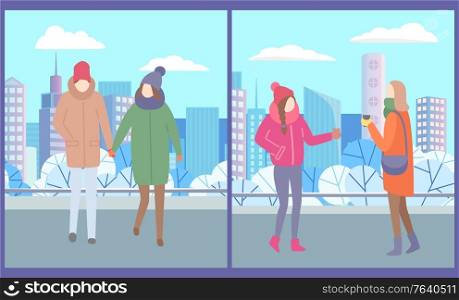 Guy and girl walking urban park holding their hands. Two women stand together and drink tea or coffee to get warm. City street vector illustration. People in Park Walking and Drink Tea or Coffee